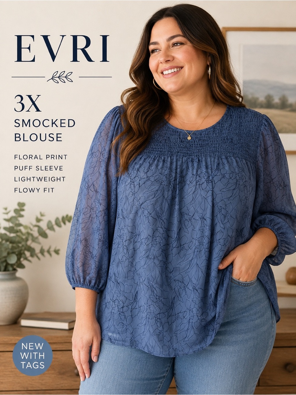 EVRI 3X Blue Floral Smocked Blouse Sheer Puff Sleeve Boho Peasant Top NWT